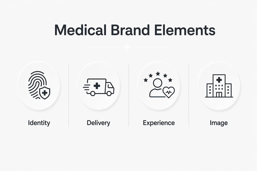 Infographic showing the four pillars of a medical personal brand: identity, delivery, experience, image