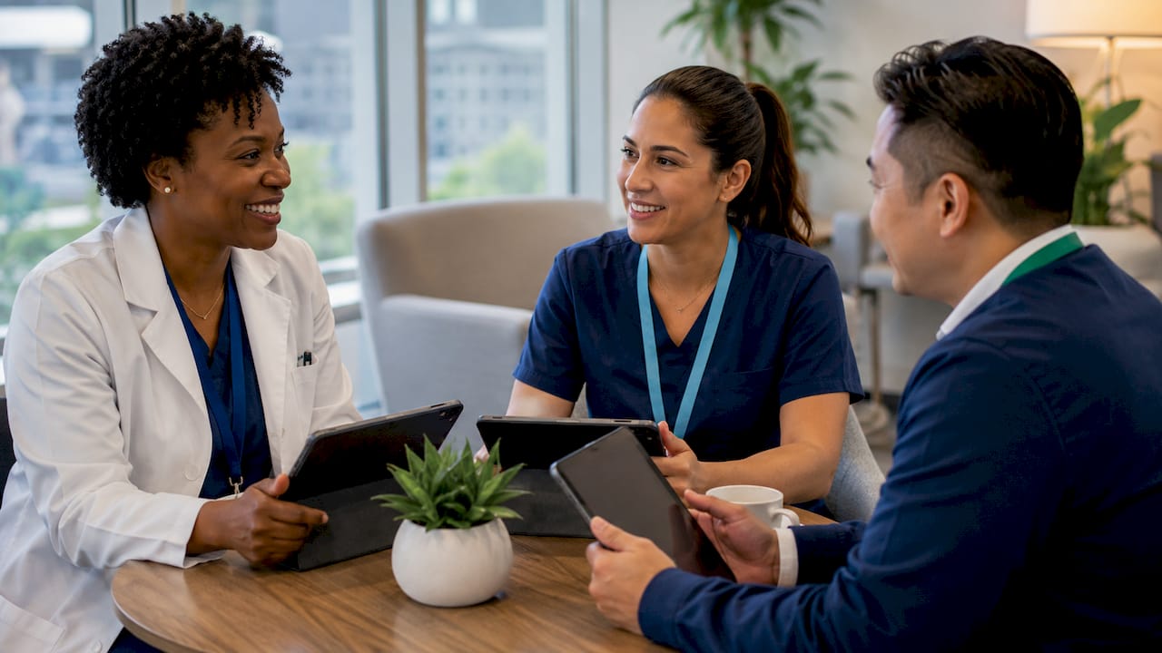 Medical team discussing brand alignment between identity, delivery, experience, and image
