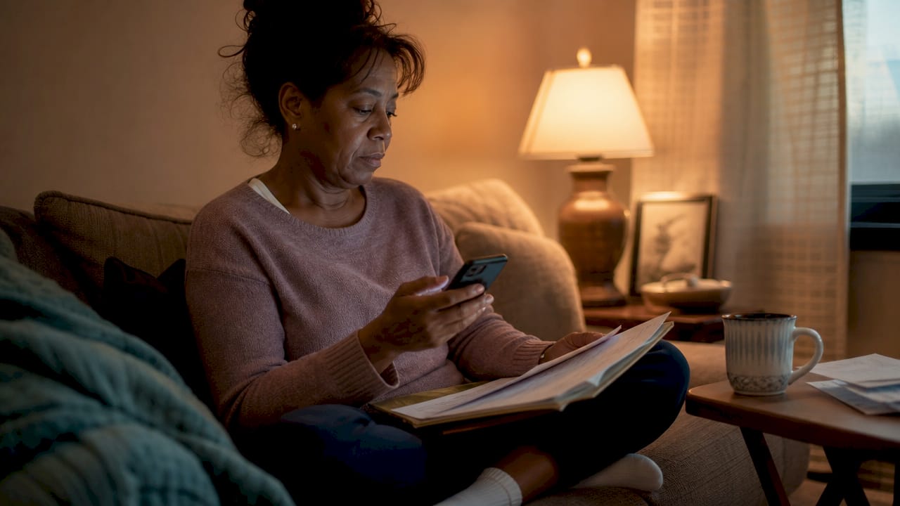 Middle-aged woman researching health info at home on her laptop
